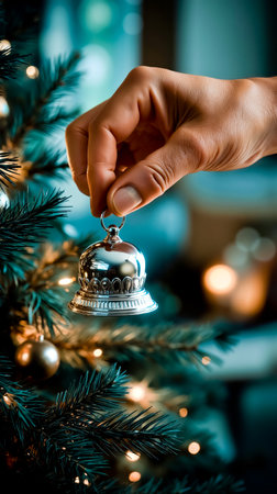 A hand is holding a silver bell with a chain which is hanging from a Christmas treeの素材