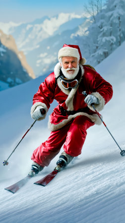 A man dressed as Santa Claus is skiing down a snowy mountainの素材