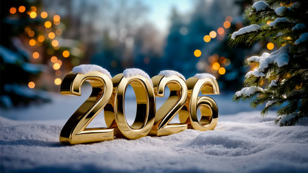 A photograph of a golden number 2026 with snowflakes on top set against a blurred background of a snowy landscape with trees and lightsの素材