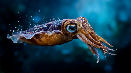 A close-up of an octopus with a large eye and eight tentaclesの素材