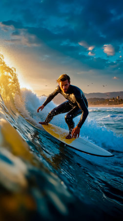 A man in a wetsuit is surfing on a wave in the oceanの素材
