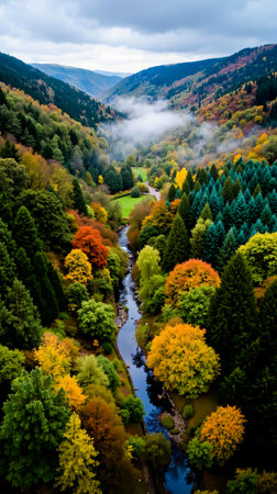 A picturesque landscape featuring a winding river surrounded by a vibrant array of autumn trees and a distant valleyの素材