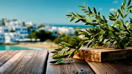 A wooden table with a plant on it overlooking a beach and housesの素材