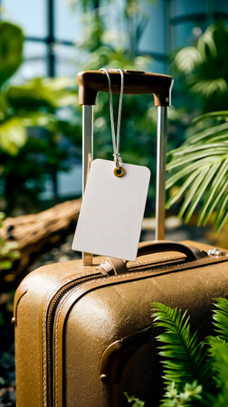 A white tag hanging from a suitcase handleの素材