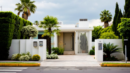 A modern white house with a large entrance and a tropical gardenの素材