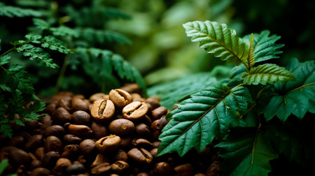 A close-up of coffee beans surrounded by green leavesの素材