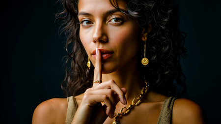 A woman with dark hair and gold jewelry is silhouetted against a dark background placing her finger on her lipsの素材
