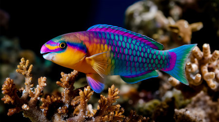 A vibrant colorful fish with a rainbow of hues swimming among coralの素材