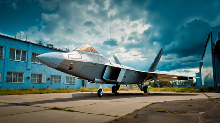 A fighter jet is parked on a runway in front of a blue building with a cloudy sky in the backgroundの素材