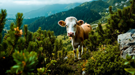 A cow standing on a grassy hillside with a mountainous landscape in the backgroundの素材