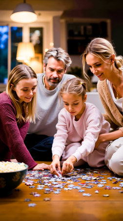 A family of four including a man a woman and two young girls are sitting on the floor together smiling and working on a jigsaw puzzleの素材