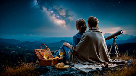 A man and woman sit on a rock looking at the night sky with a picnic basket and telescope nearbyの素材