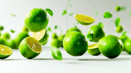 A vibrant and dynamic display of green limes in various stages of being sliced with some already cut and others still whole all set against a white backgroundの素材