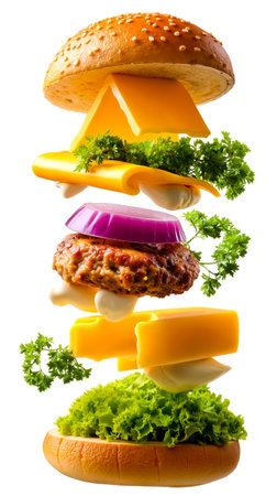 A creative and colorful image of a burger with various toppings including cheese onions and lettuce all stacked on top of each otherの素材
