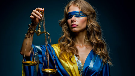 A woman in a blue and gold dress blindfolded and holding a golden scale stands against a dark backgroundの素材