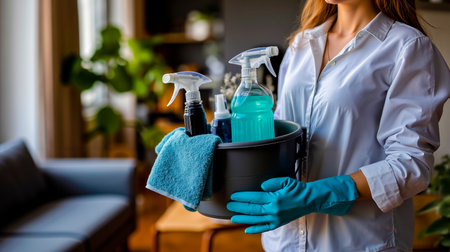 A woman in a white shirt holding a bucket with cleaning suppliesの素材