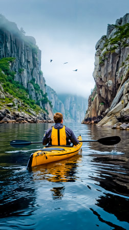 A man in a yellow kayak paddles through a narrow passage between rocky cliffs with a backdrop of misty mountains and birds flying overheadの素材