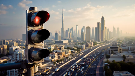 A panoramic view of a city skyline with a traffic light in the foregroundの素材