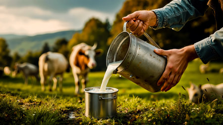 A person pouring milk from a metal bucket into a cows mouthの素材