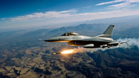 A fighter jet in flight with a missile being launched from its wingの素材