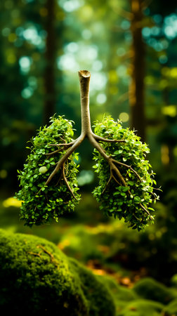 A surreal image of a tree with two lungs growing on its branchesの素材