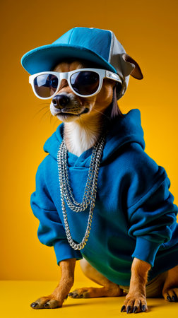 A dog wearing a blue hat sunglasses and a blue hoodie with a chain necklaceの素材