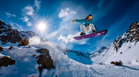 A snowboarder in mid-air performing a jump over a snowy mountain landscapeの素材
