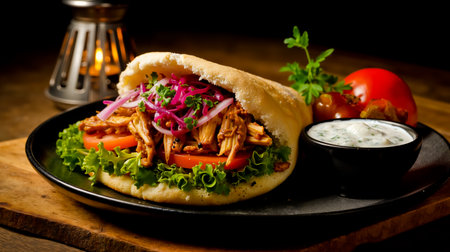 A close-up of a sandwich with chicken lettuce tomato and onion served on a black plate with a side of sauce and garnished with a sprig of parsleyの素材