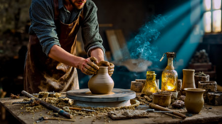 A man in a workshop is shaping a clay pot on a pottery wheelの素材
