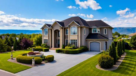 A large two-story house with a symmetrical facade featuring a central entrance flanked by columns and a garage on the right sideの素材