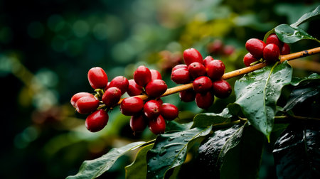 A close-up photograph of a branch of a tree with red berries and green leaves with a blurred background that suggests a natural outdoor settingの素材
