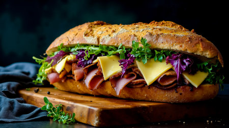 A large sandwich with various ingredients including cheese ham and lettuce on a wooden cutting boardの素材