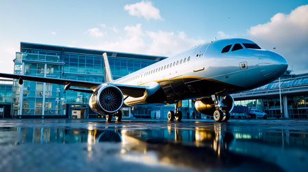 A large silver airplane parked on a wet tarmac in front of a modern buildingの素材