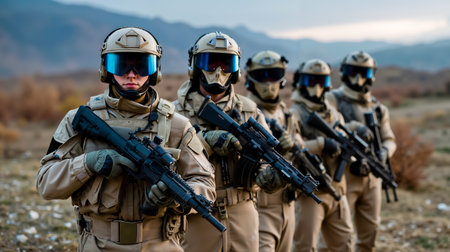 A group of soldiers in camouflage uniforms and helmets holding guns and standing in a lineの素材