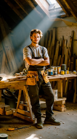 A man in a workshop wearing a tool belt and standing in front of a workbench with various tools and materialsの素材