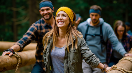 A group of people including a woman in a yellow headband are smiling and holding onto a rope as they walk through a forestの素材