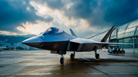 A modern fighter jet parked on a runway with a cloudy sky in the backgroundの素材