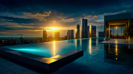 A breathtaking view of a city skyline at sunset with a large infinity pool reflecting the vibrant colors of the skyの素材