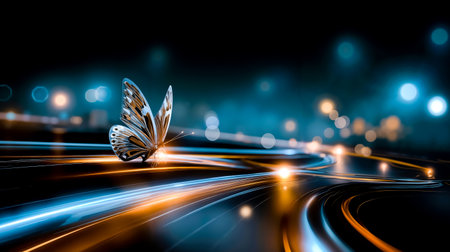 A butterfly is flying over a road with blurred lightsの素材