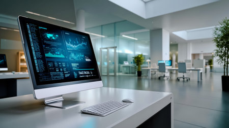 A modern computer workstation with a large monitor displaying a graphical interface a keyboard and a mouse all set on a white desk in a spacious office with a high ceiling and large windowsの素材