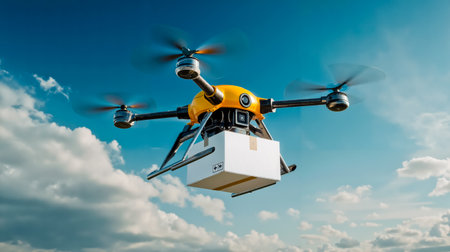 A yellow quadcopter drone with a white box attached to its bottom flying in a blue sky with cloudsの素材