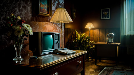 A vintage television set on a wooden dresser with a lamp on either side in a dimly lit room with a window and a rugの素材