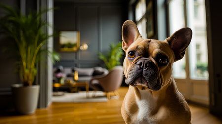 A brown dog with large ears and a black nose is looking at the camera in a room with a couch and potted plantsの素材