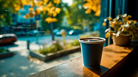 A blue cup of coffee sits on a wooden ledge overlooking a street with parked cars and treesの素材