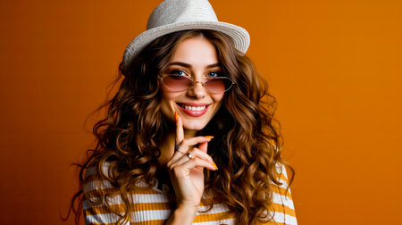 A woman with curly hair wearing a white hat sunglasses and an orange and white striped shirt smiling and touching her chin with her handの素材