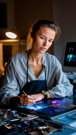 A woman in an apron is sitting at a desk working on a digital art project with a stylusの素材
