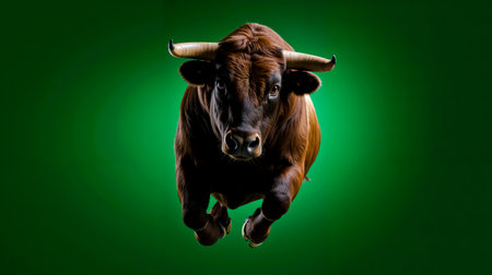 A brown bull with large horns is captured in mid-air against a green backgroundの素材