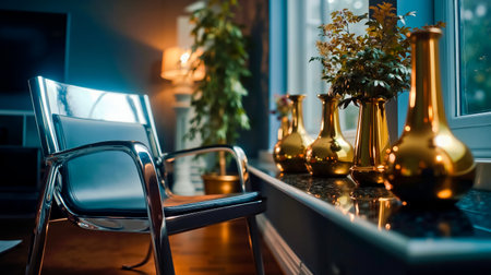 A modern living room with a blue wall a gold-colored chair a black marble countertop and a window with plantsの素材