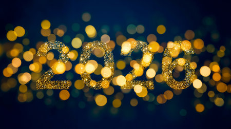 A graphic with the number 2026 in a glittery golden font set against a dark blue background with bokeh light effectsの素材