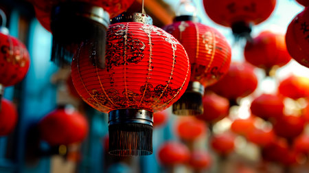 A close-up photograph of a collection of red lanterns hanging from a ceilingの素材
